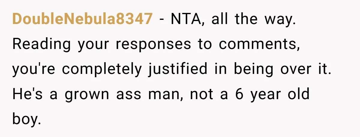 DoubleNebula8347 − NTA, all the way. Reading your responses to comments, you're completely justified in being over it. He's a grown ass man, not a 6 year old boy.