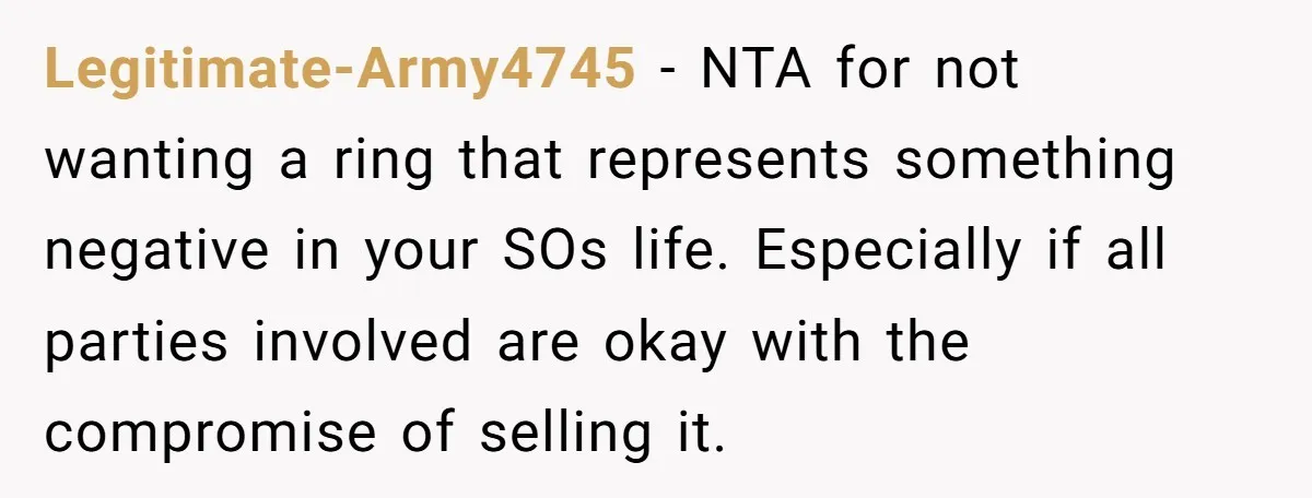 Legitimate-Army4745 − NTA for not wanting a ring that represents something negative in your SOs life. Especially if all parties involved are okay with the compromise of selling it.