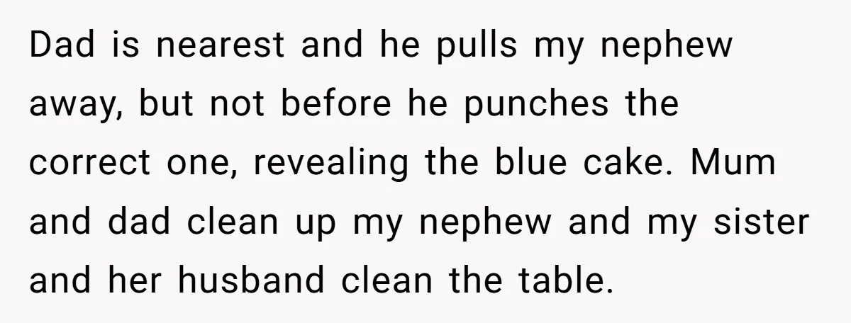 Dad is nearest and he pulls my nephew away, but not before he punches the correct one, revealing the blue cake. Mum and dad clean up my nephew and my...