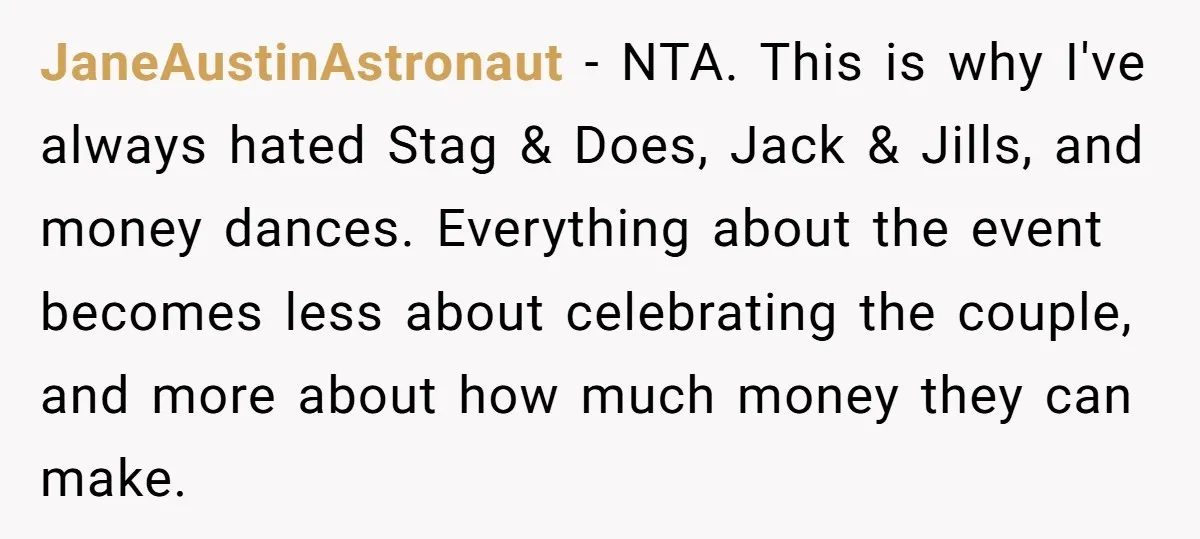 JaneAustinAstronaut − NTA. This is why I've always hated Stag & Does, Jack & Jills, and money dances. Everything about the event becomes less about celebrating the couple, and more...
