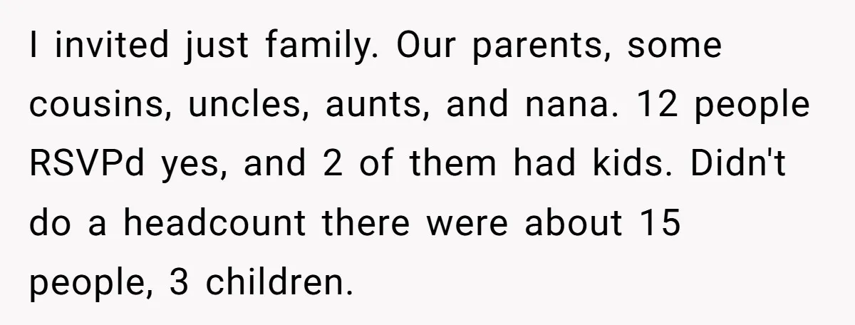 I invited just family. Our parents, some cousins, uncles, aunts, and nana. 12 people RSVPd yes, and 2 of them had kids. Didn't do a headcount there were about 15...