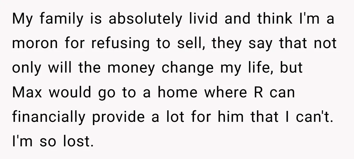 My family is absolutely livid and think I'm a moron for refusing to sell, they say that not only will the money change my life, but Max would go to...