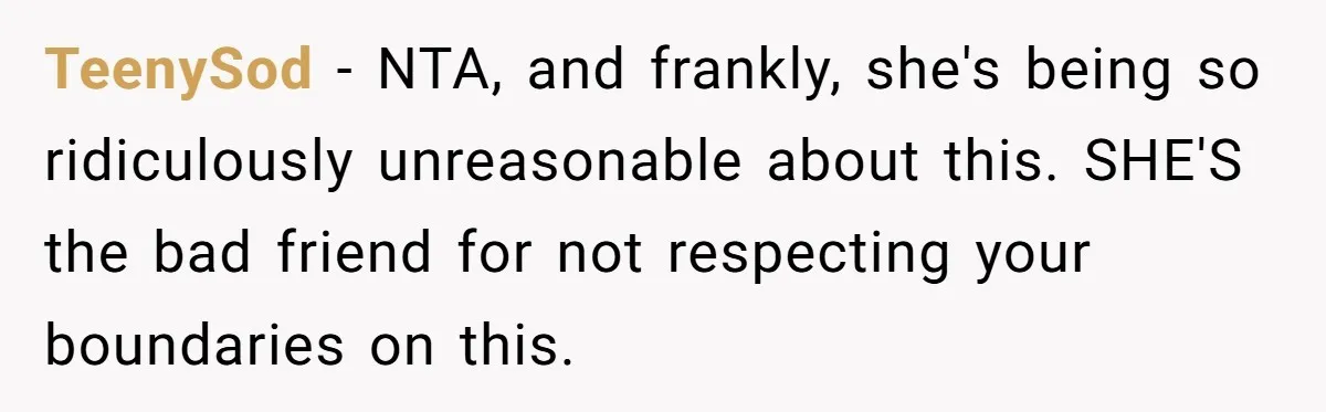 TeenySod − NTA, and frankly, she's being so ridiculously unreasonable about this. SHE'S the bad friend for not respecting your boundaries on this.