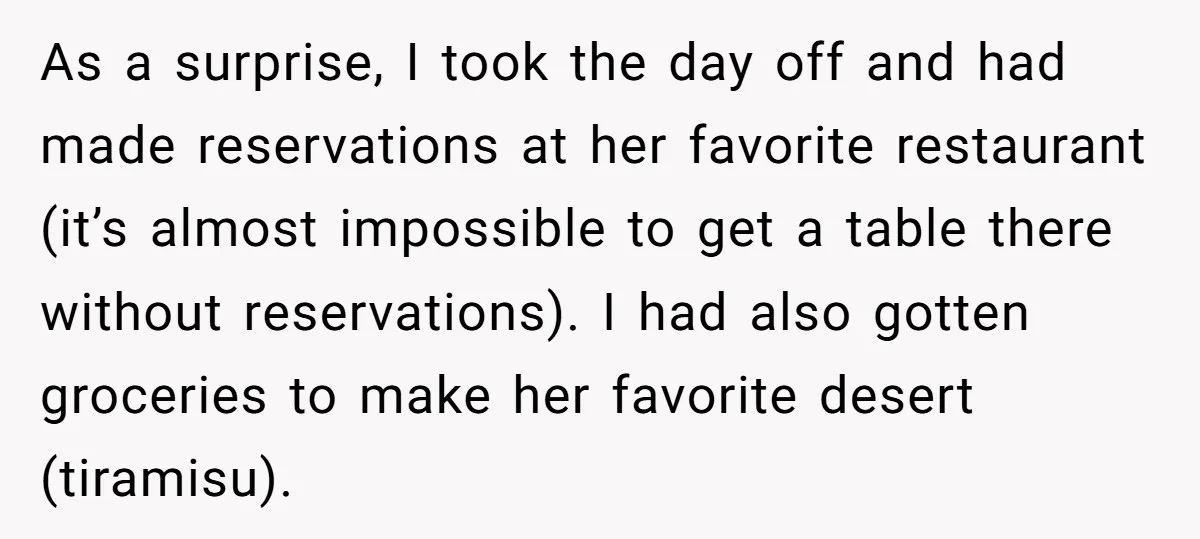 As a surprise, I took the day off and had made reservations at her favorite restaurant (it’s almost impossible to get a table there without reservations). I had also gotten...