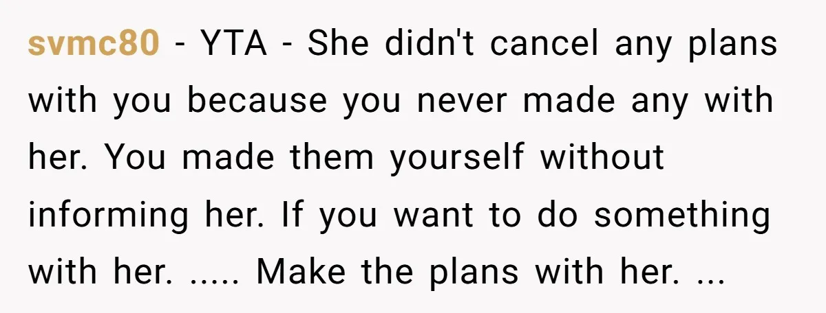 svmc80 − YTA - She didn't cancel any plans with you because you never made any with her. You made them yourself without informing her. If you want to do...