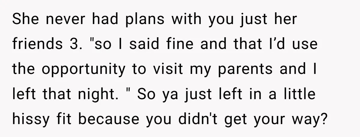 She never had plans with you just her friends 3. "so I said fine and that I’d use the opportunity to visit my parents and I left that night. "...