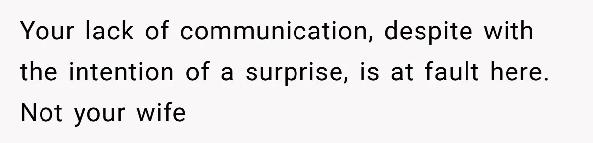 Your lack of communication, despite with the intention of a surprise, is at fault here. Not your wife