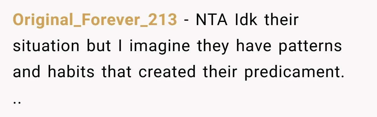 Original_Forever_213 − NTA Idk their situation but I imagine they have patterns and habits that created their predicament. ..