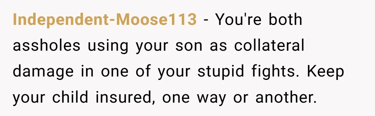 Independent-Moose113 − You're both assholes using your son as collateral damage in one of your stupid fights. Keep your child insured, one way or another.