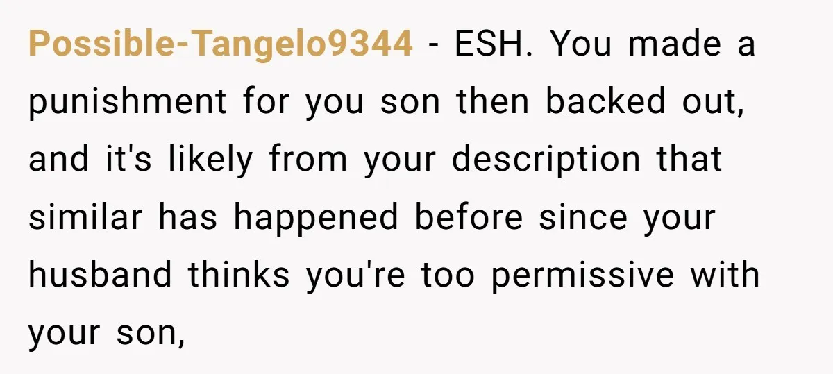 Possible-Tangelo9344 − ESH. You made a punishment for you son then backed out, and it's likely from your description that similar has happened before since your husband thinks you're too...