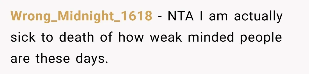 Wrong_Midnight_1618 - NTA I am actually sick to death of how weak minded people are these days.