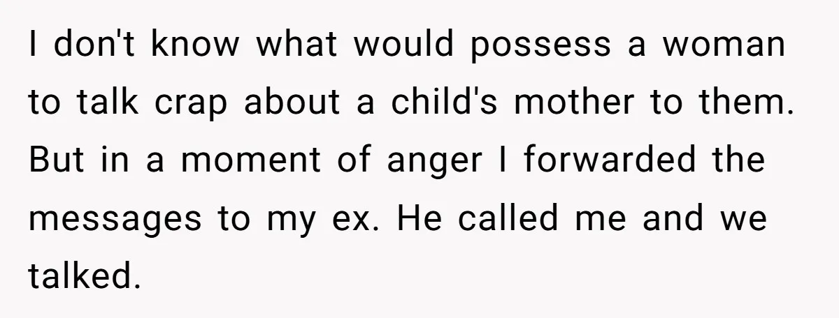 I don't know what would possess a woman to talk crap about a child's mother to them. But in a moment of anger I forwarded the messages to my ex....