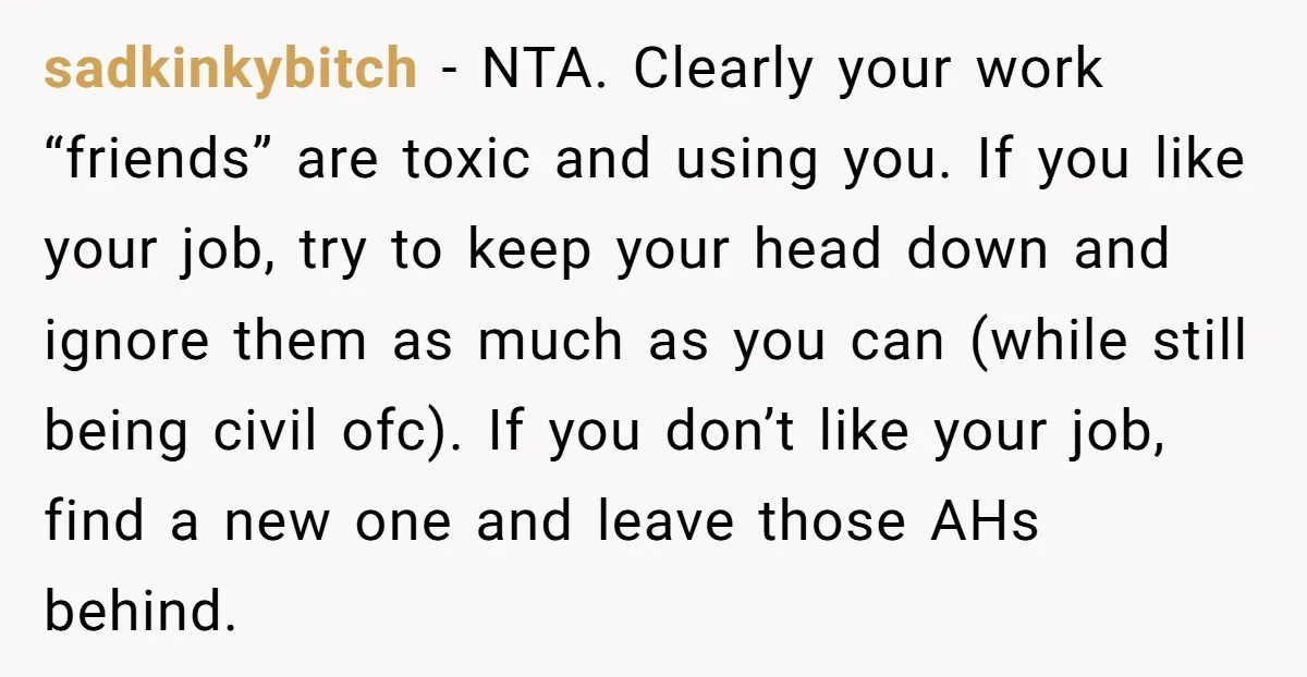 sadkinkybitch − NTA. Clearly your work “friends” are toxic and using you. If you like your job, try to keep your head down and ignore them as much as you...