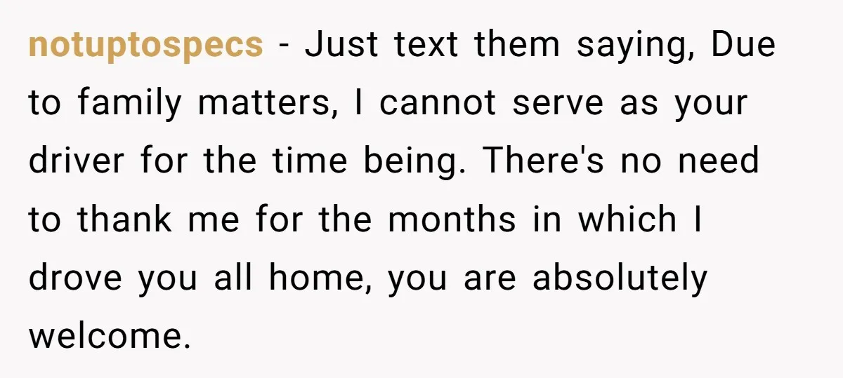 notuptospecs − Just text them saying, Due to family matters, I cannot serve as your driver for the time being. There's no need to thank me for the months in...