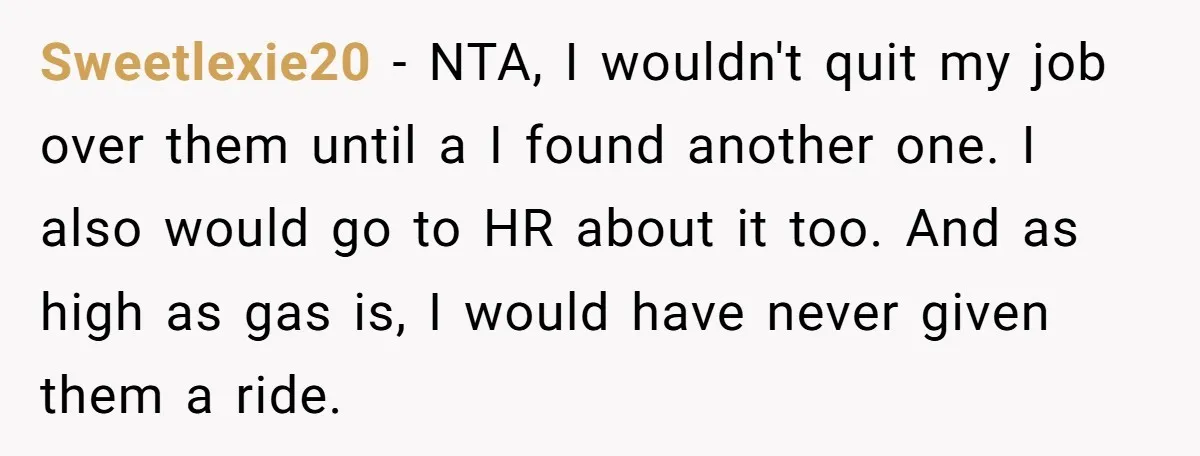 Sweetlexie20 − NTA, I wouldn't quit my job over them until a I found another one. I also would go to HR about it too. And as high as gas...