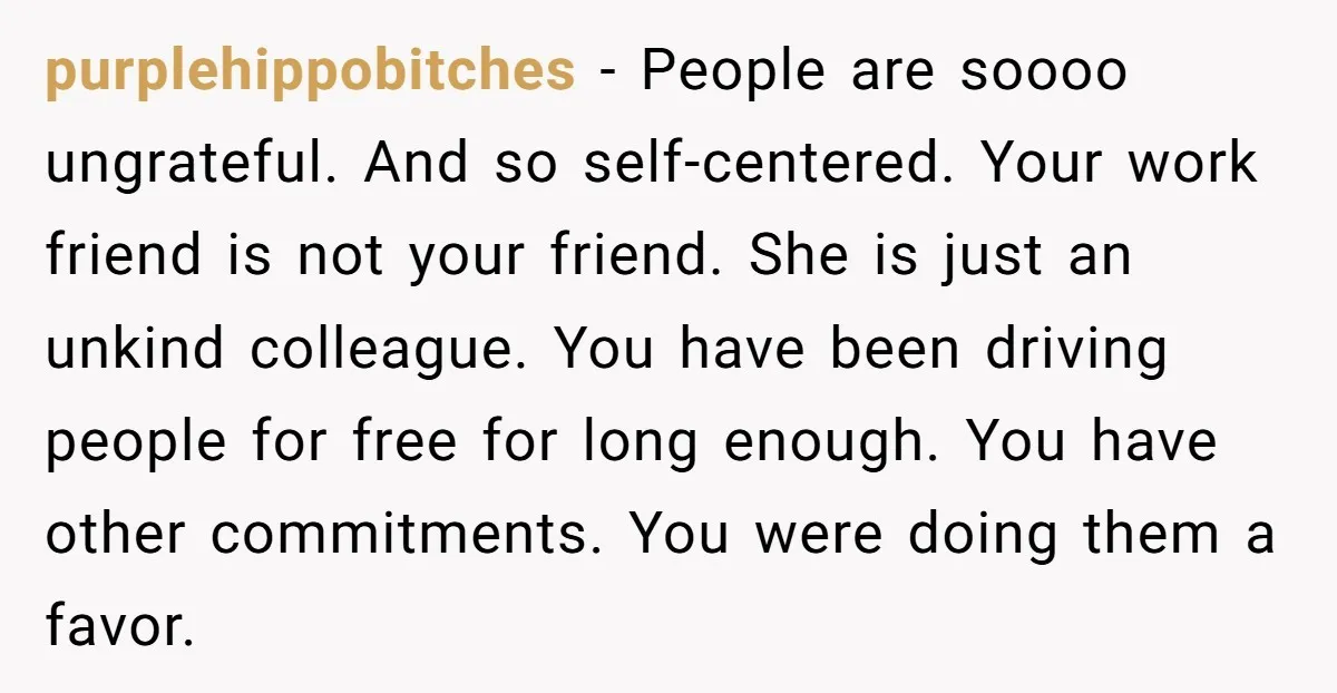 purplehippobitches − People are soooo ungrateful. And so self-centered. Your work friend is not your friend. She is just an unkind colleague. You have been driving people for free for...