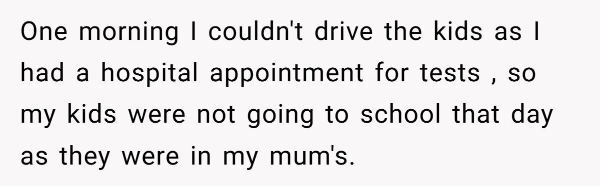 One morning I couldn't drive the kids as I had a hospital appointment for tests , so my kids were not going to school that day as they were in...