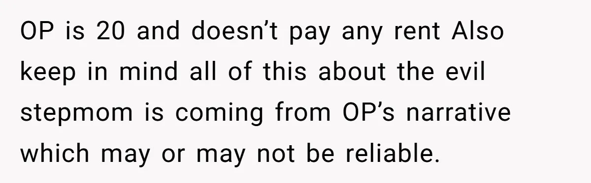 OP is 20 and doesn’t pay any rent Also keep in mind all of this about the evil stepmom is coming from OP’s narrative which may or may not be...