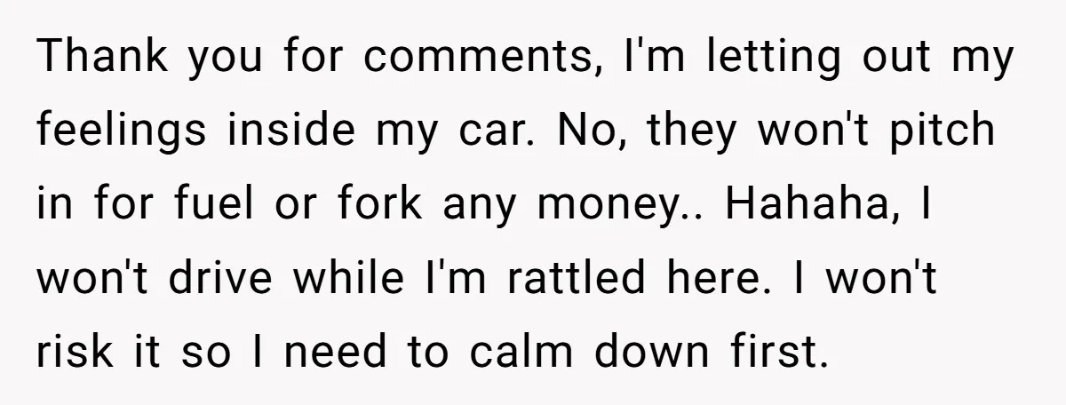 Thank you for comments, I'm letting out my feelings inside my car. No, they won't pitch in for fuel or fork any money.. Hahaha, I won't drive while I'm rattled...