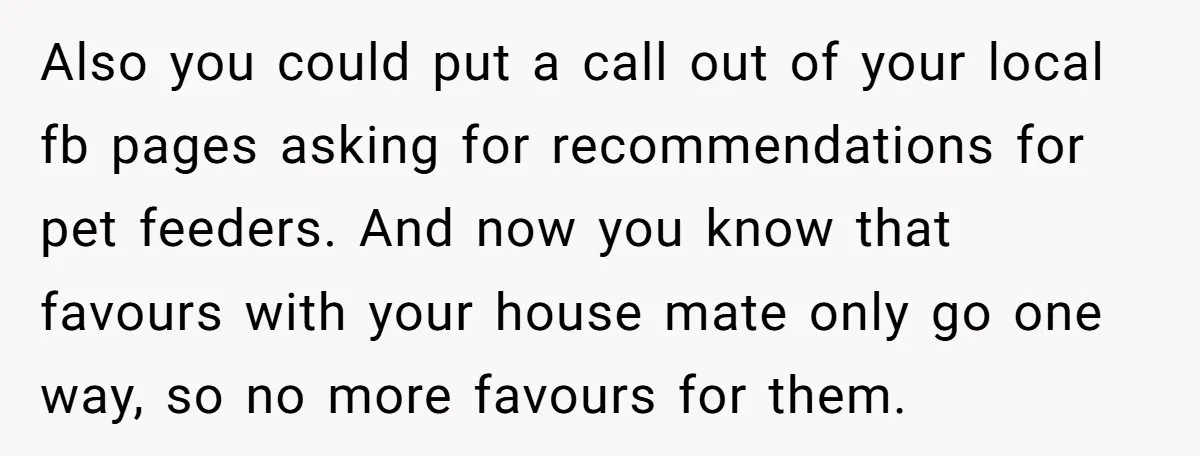 Also you could put a call out of your local fb pages asking for recommendations for pet feeders. And now you know that favours with your house mate only go...