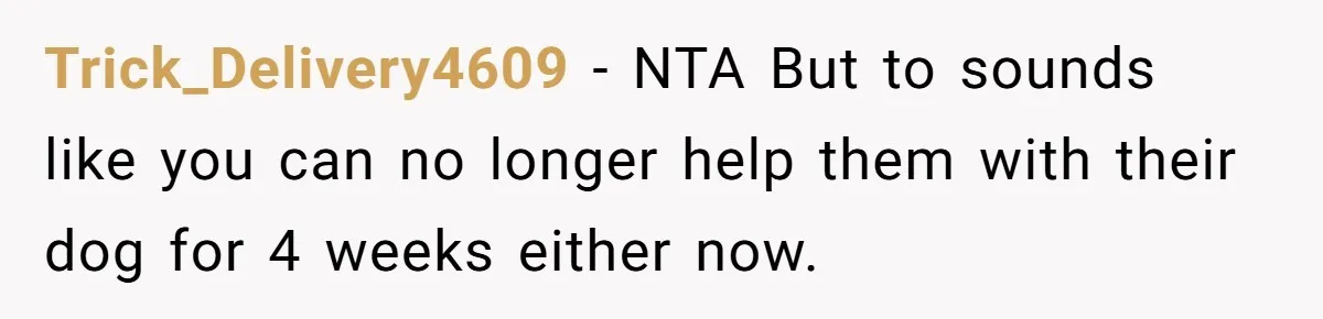 Trick_Delivery4609 − NTA But to sounds like you can no longer help them with their dog for 4 weeks either now.