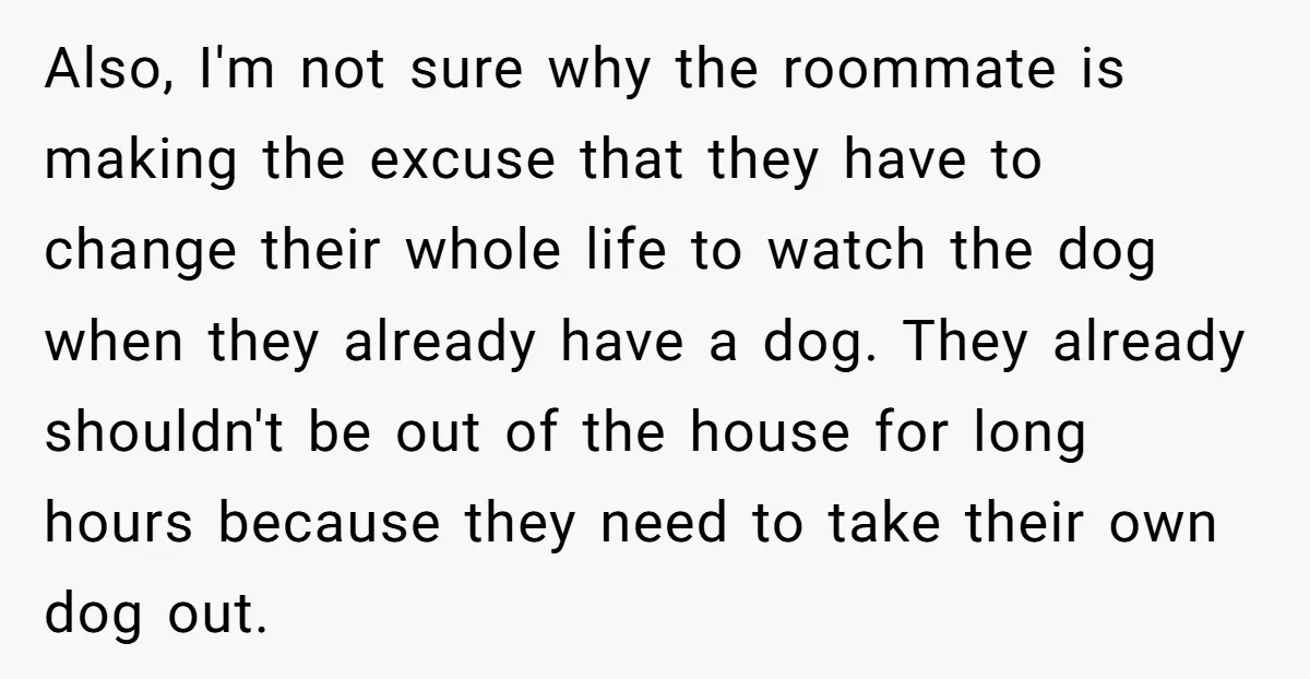 Also, I'm not sure why the roommate is making the excuse that they have to change their whole life to watch the dog when they already have a dog. They...