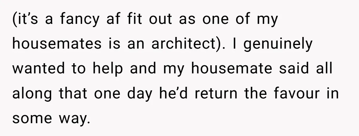 (it’s a fancy af fit out as one of my housemates is an architect). I genuinely wanted to help and my housemate said all along that one day he’d return...