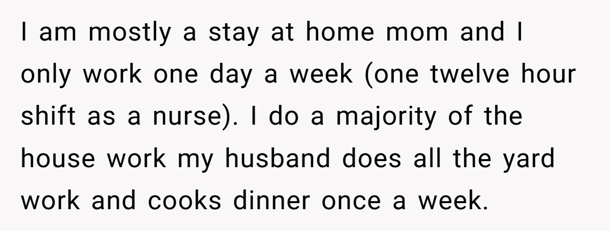 I am mostly a stay at home mom and I only work one day a week (one twelve hour shift as a nurse). I do a majority of the house...