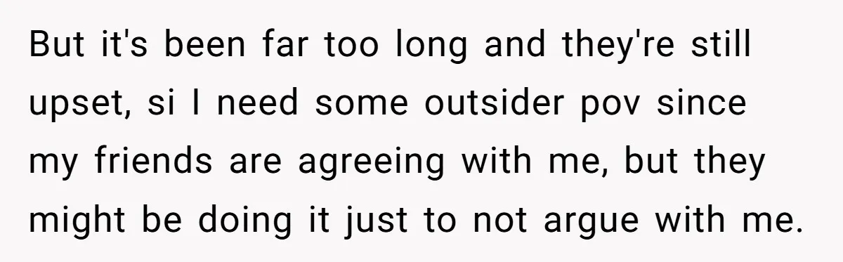 But it's been far too long and they're still upset, si I need some outsider pov since my friends are agreeing with me, but they might be doing it just...