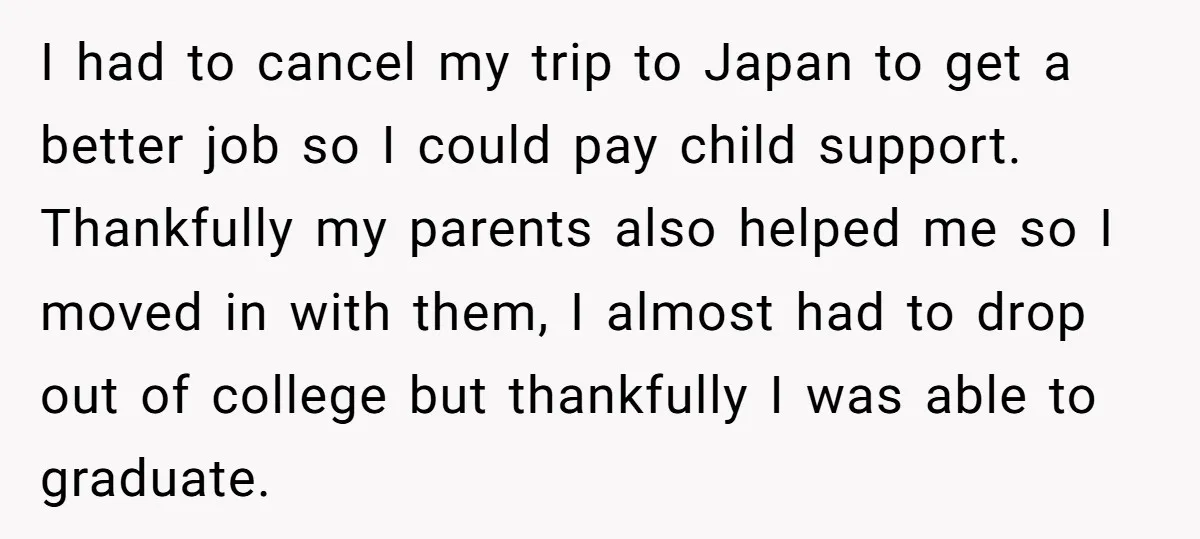 I had to cancel my trip to Japan to get a better job so I could pay child support. Thankfully my parents also helped me so I moved in with...