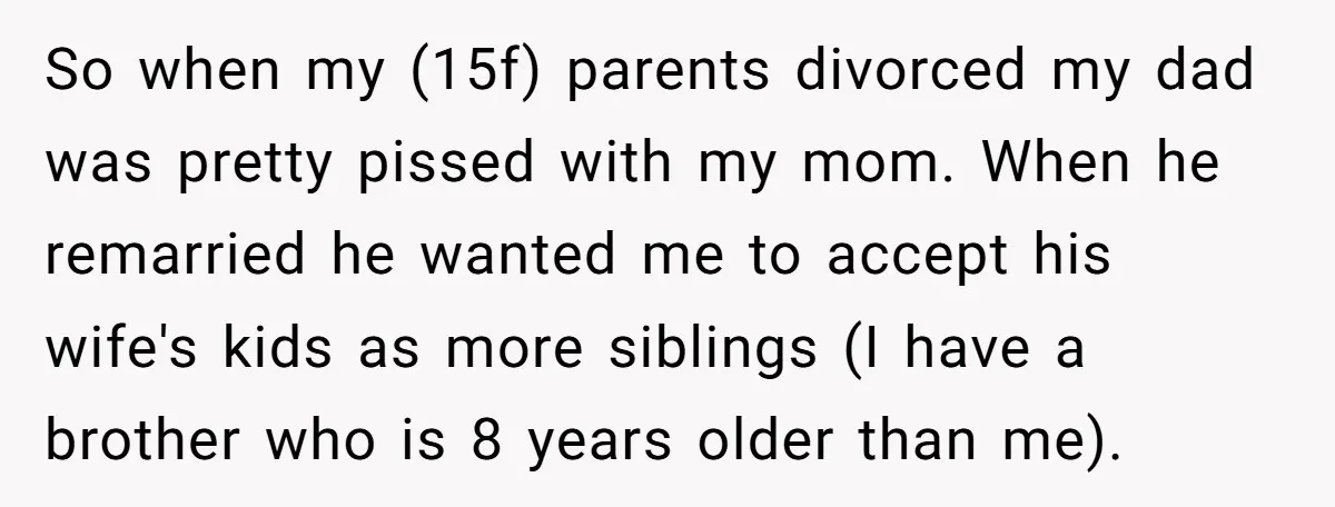 So when my (15f) parents divorced my dad was pretty pissed with my mom. When he remarried he wanted me to accept his wife's kids as more siblings (I have...