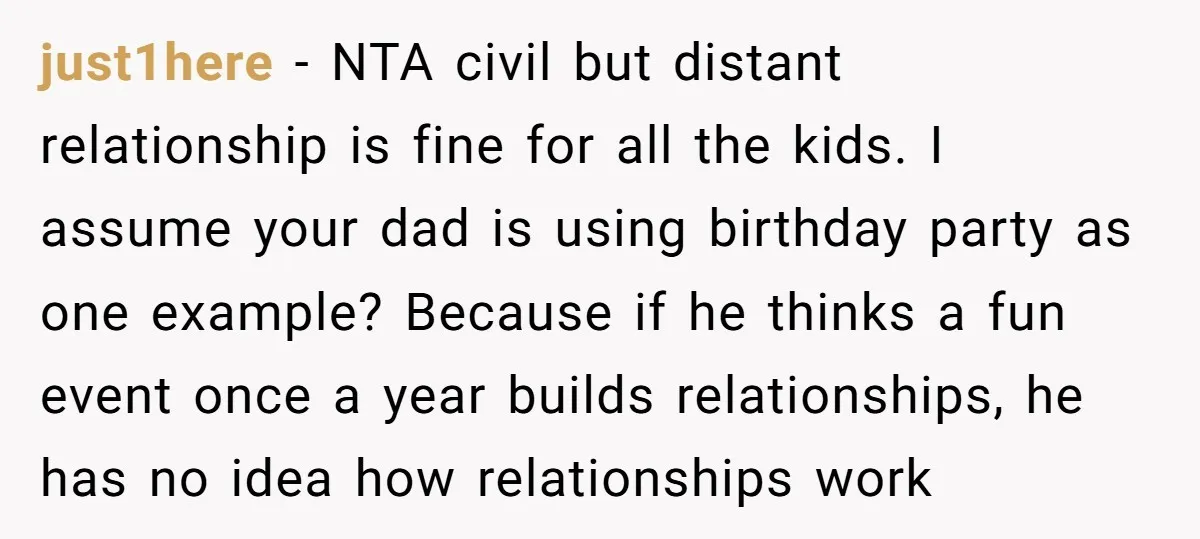 just1here − NTA civil but distant relationship is fine for all the kids. I assume your dad is using birthday party as one example? Because if he thinks a fun...