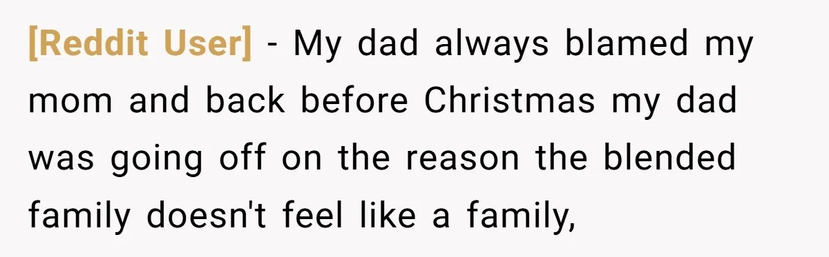 [Reddit User] − My dad always blamed my mom and back before Christmas my dad was going off on the reason the blended family doesn't feel like a family,