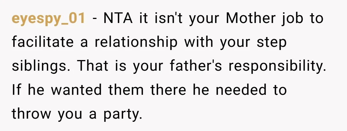 eyespy_01 − NTA it isn't your Mother job to facilitate a relationship with your step siblings. That is your father's responsibility. If he wanted them there he needed to throw...