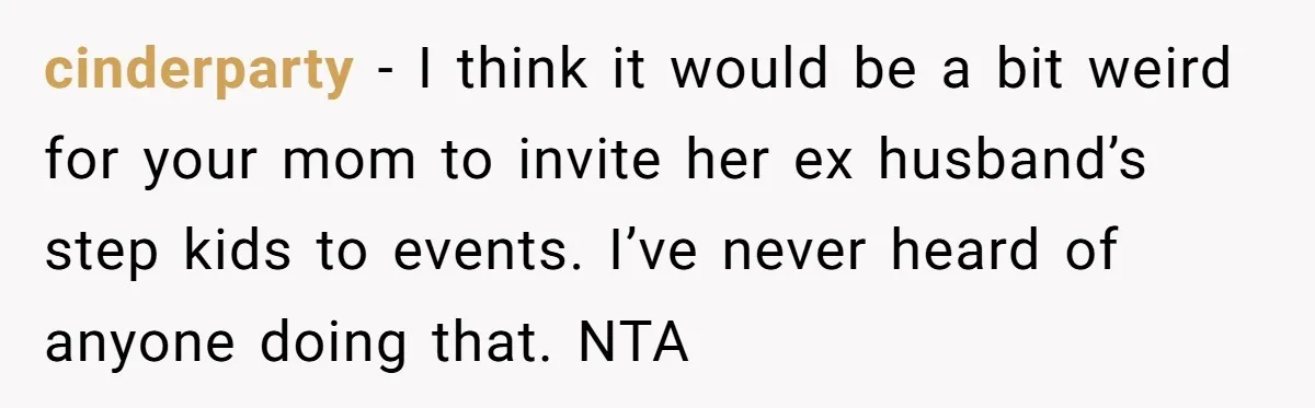 cinderparty − I think it would be a bit weird for your mom to invite her ex husband’s step kids to events. I’ve never heard of anyone doing that. NTA