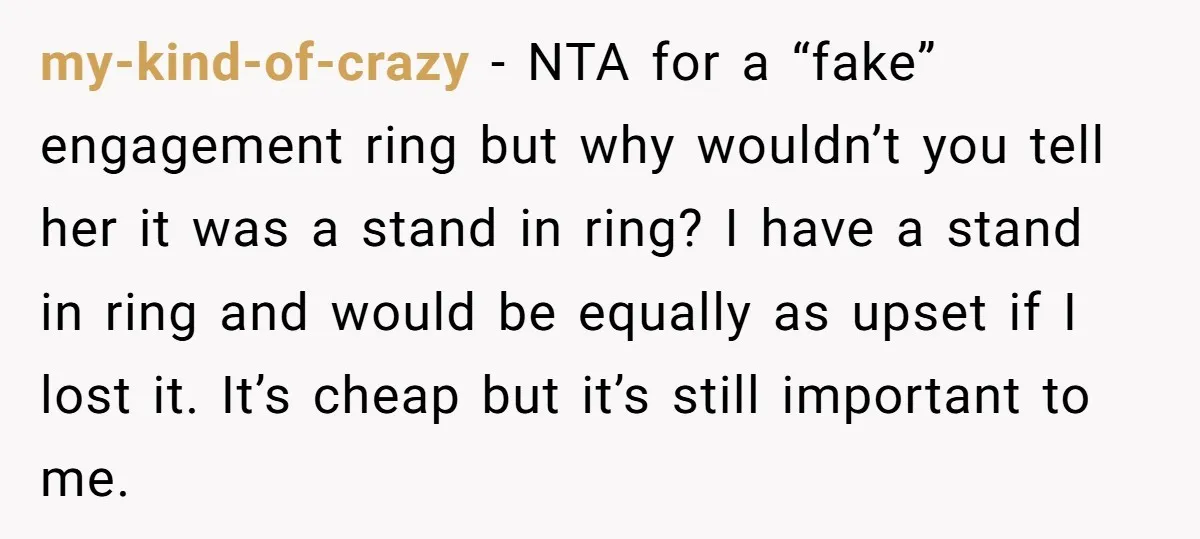 my-kind-of-crazy − NTA for a “fake” engagement ring but why wouldn’t you tell her it was a stand in ring? I have a stand in ring and would be equally...