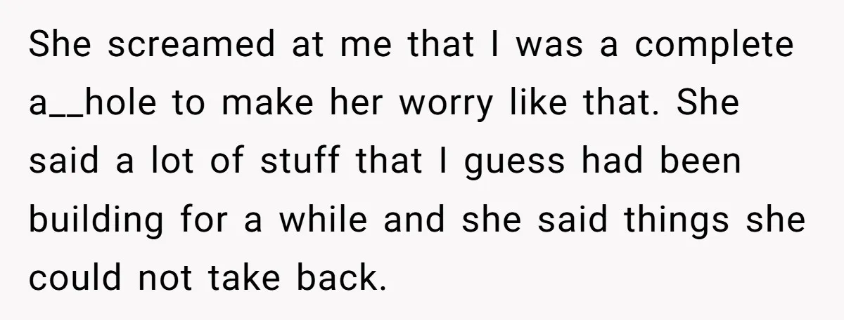 She screamed at me that I was a complete a__hole to make her worry like that. She said a lot of stuff that I guess had been building for a...