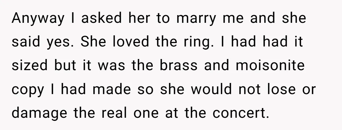 Anyway I asked her to marry me and she said yes. She loved the ring. I had had it sized but it was the brass and moisonite copy I had...