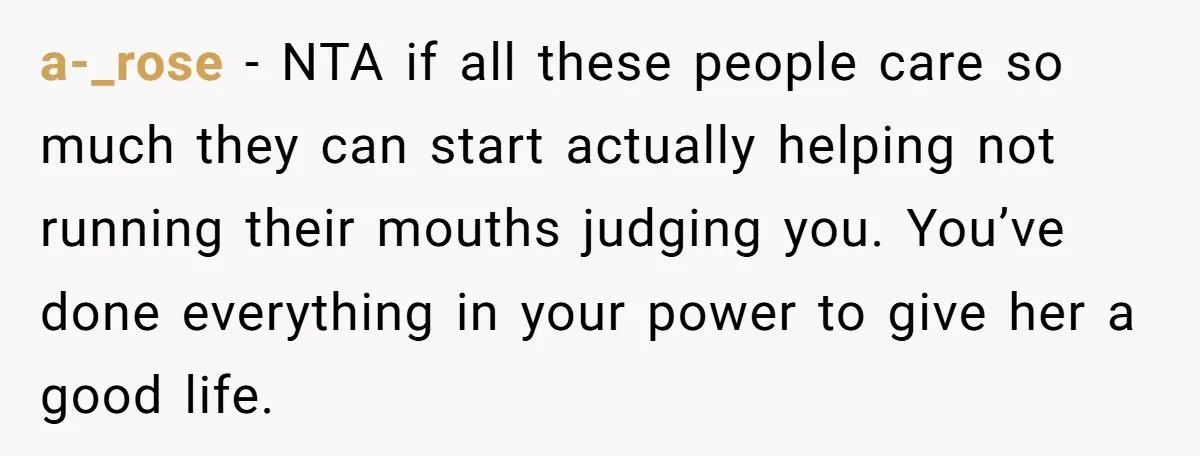 a-_rose - NTA if all these people care so much they can start actually helping not running their mouths judging you. You’ve done everything in your power to give her...