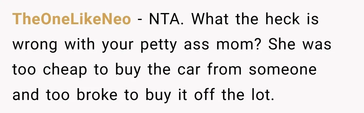 TheOneLikeNeo − NTA. What the heck is wrong with your petty ass mom? She was too cheap to buy the car from someone and too broke to buy it off...