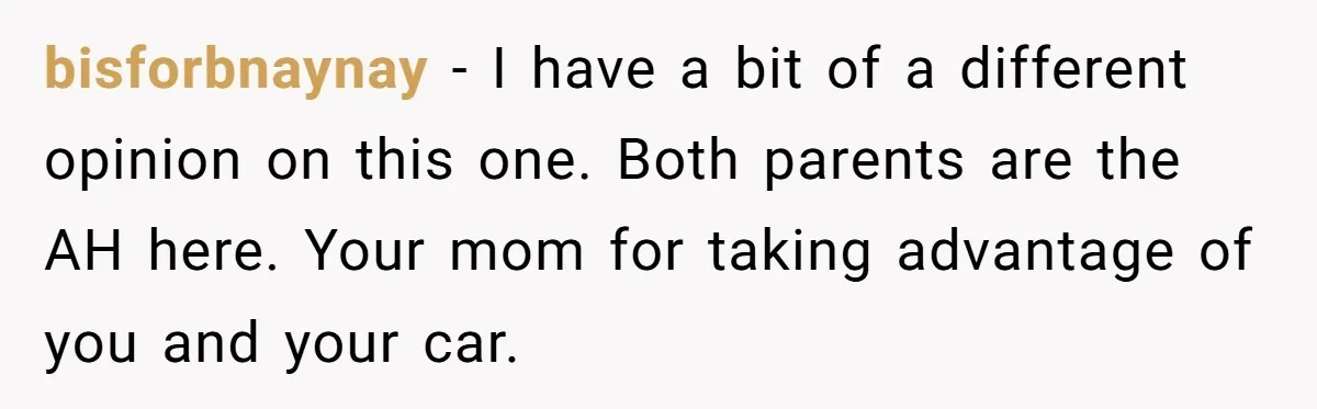 bisforbnaynay − I have a bit of a different opinion on this one. Both parents are the AH here. Your mom for taking advantage of you and your car.