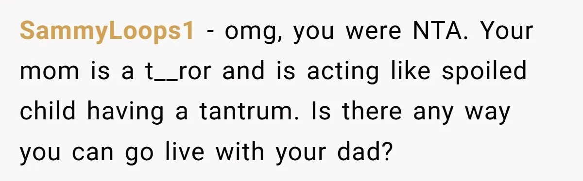 SammyLoops1 − omg, you were NTA. Your mom is a t__ror and is acting like spoiled child having a tantrum. Is there any way you can go live with your...