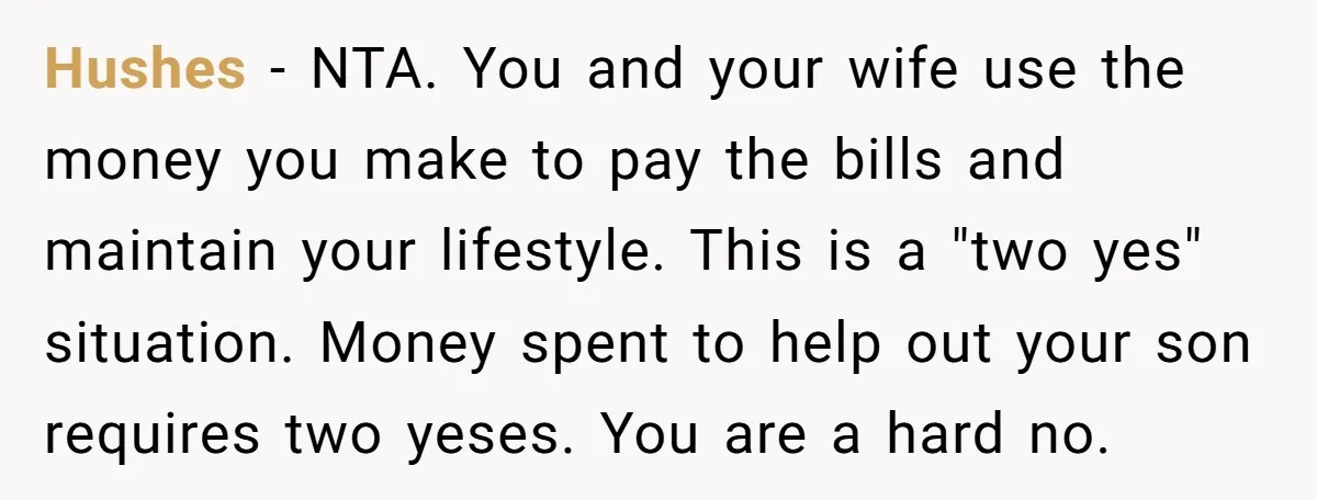 Hushes − NTA. You and your wife use the money you make to pay the bills and maintain your lifestyle. This is a "two yes" situation. Money spent to help...