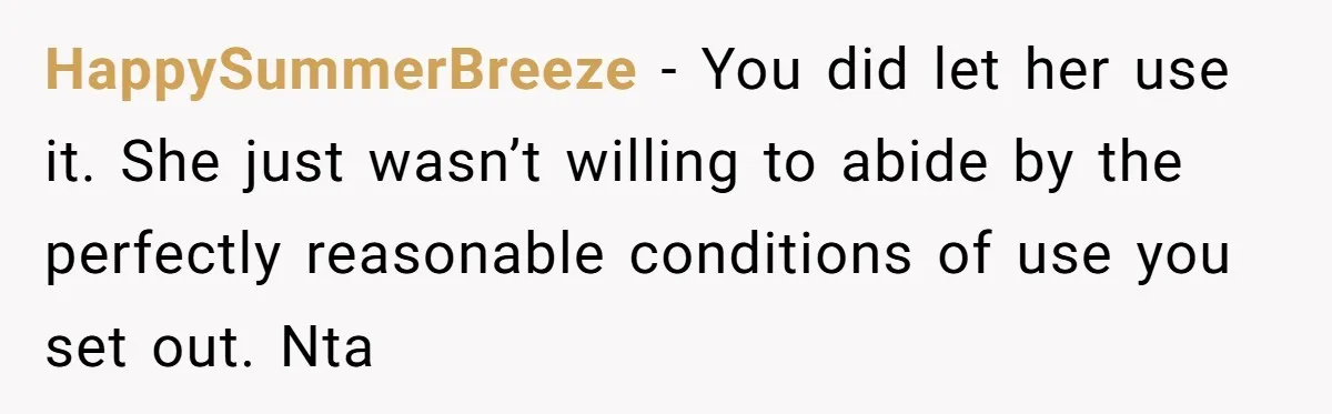 HappySummerBreeze − You did let her use it. She just wasn’t willing to abide by the perfectly reasonable conditions of use you set out. Nta