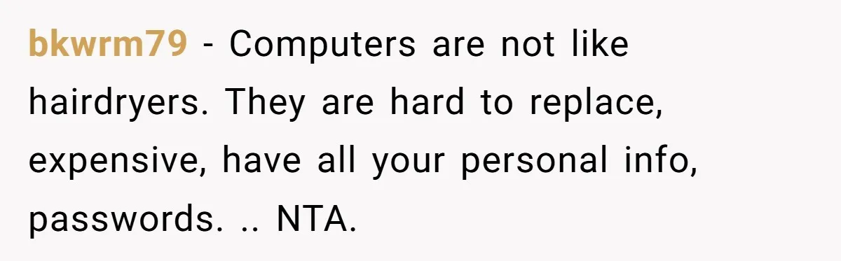 bkwrm79 − Computers are not like hairdryers. They are hard to replace, expensive, have all your personal info, passwords. .. NTA.