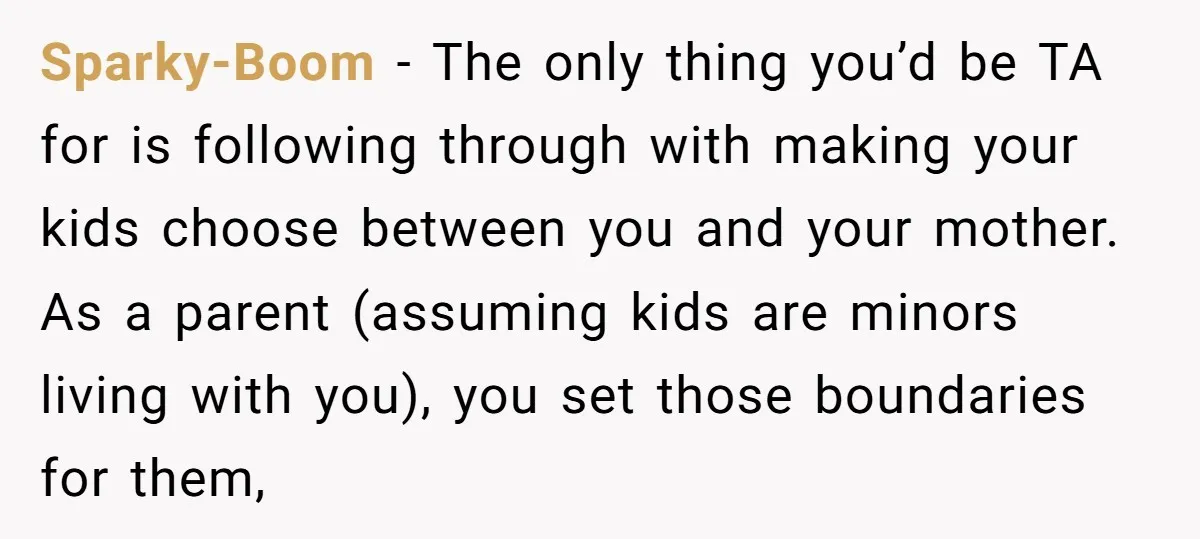 Sparky-Boom − The only thing you’d be TA for is following through with making your kids choose between you and your mother. As a parent (assuming kids are minors living...