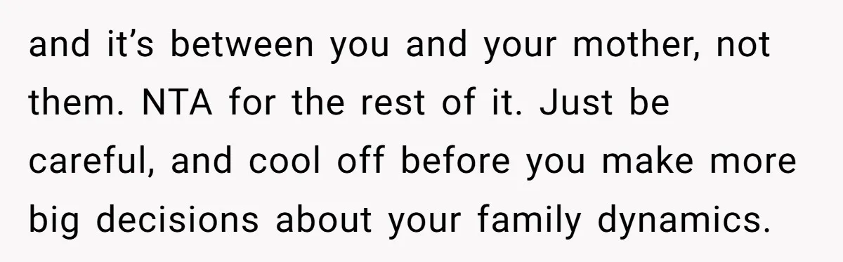 and it’s between you and your mother, not them. NTA for the rest of it. Just be careful, and cool off before you make more big decisions about your family...