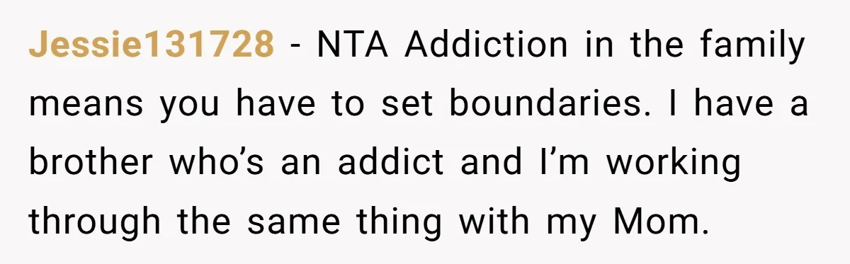 Jessie131728 − NTA Addiction in the family means you have to set boundaries. I have a brother who’s an addict and I’m working through the same thing with my Mom.