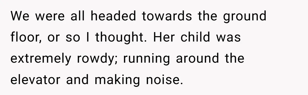 We were all headed towards the ground floor, or so I thought. Her child was extremely rowdy; running around the elevator and making noise.