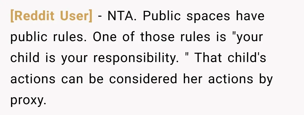 [Reddit User] − NTA. Public spaces have public rules. One of those rules is "your child is your responsibility. " That child's actions can be considered her actions by proxy.